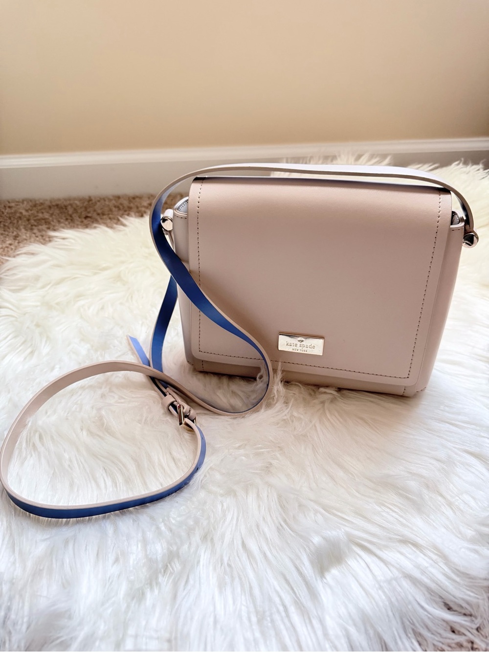 kate spade Blush Leather Crossbody with Blue-Trim Strap